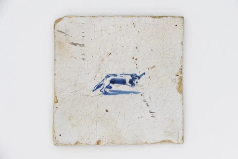 17th Century Antique Blue and White Delft Dog Tile, Earthenware Cover