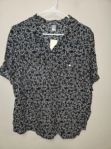 NWT CJ Banks Short Sleeve Shirt Women's Plus Size 1X Button Down Pockets Black - Picture 1 of 3