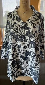 NWT Under Flax Kyoto Cardigan Button Blouse MEDIUM 100% Linen Black Floral NOS - Picture 1 of 8