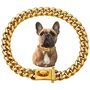 Gold Chain Dog Collar Cuban Link Dog Walking Chain Collar with Metal Buckle f... - Picture 1 of 8