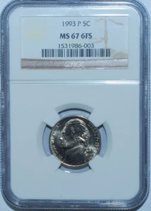 1993 P NGC MS67FS 6 Full Steps Jefferson Nickel - Picture 1 of 2