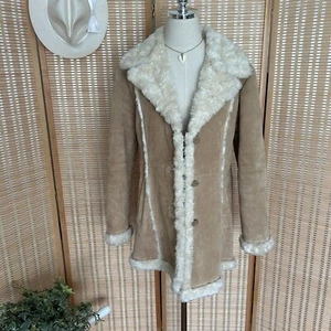 Vintage Tan Shearling Coat Womens M/L Suede Winter - Picture 1 of 14