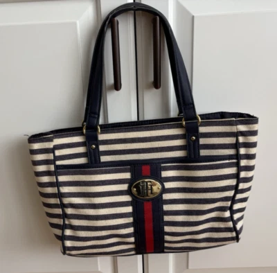 Tommy Hilfiger Bolso de Mano Mujer Lona Azul Blanco Rayas Cartera Bolso de Hombro Foto 1 de 4