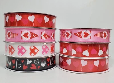 7 New Valentine Craft Ribbon Hearts Gnome Red Pink Black Shiney Spools - Image 1 of 4