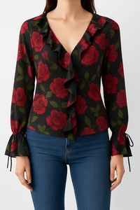 Show Me Your Mumu Rüschen Blumen Bluse schwarz rot Rosen Neu mit Etikett Größe Small - Bild 1 von 5