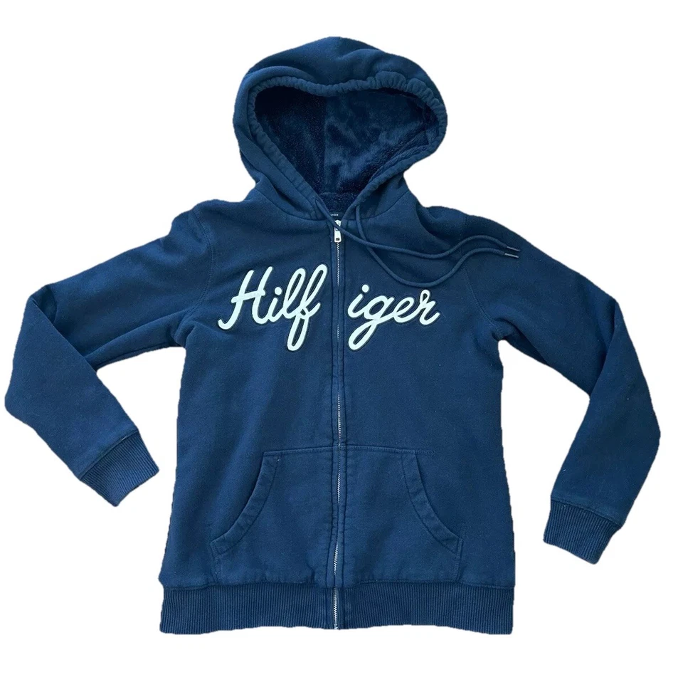 Chaqueta Tommy Hilfiger para mujer S azul polar logotipo deletreado cremallera felpa forrada Y2K Foto 1 de 4