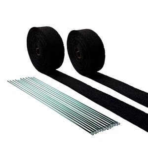 BLACK HEAT SHIELD EXHAUST WRAP TAPE 2 ROLLS 2" X 50 FEET & STAINLESS LOCK TIES - Picture 1 of 3