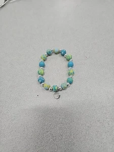 Jilzarah Blue White Silver Premium Clay Round Beads Elastic Bracelet 7in (G-P) - Picture 1 of 5