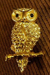 Vintage goldfarbene figürliche EULE Brosche Anstecknadel mit Strass Akzenten - Bild 1 von 2