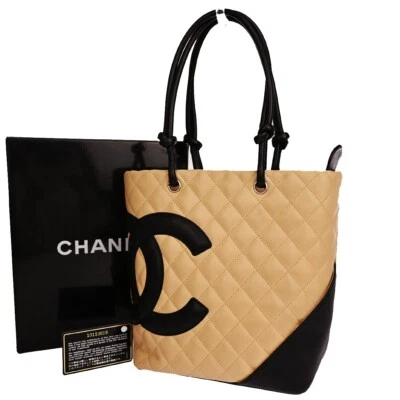 CHANEL CC Logo Cambon Shoulder Tote Bag Leather Beige Black SHW France 682RJ392 - Imagem 1 de 4