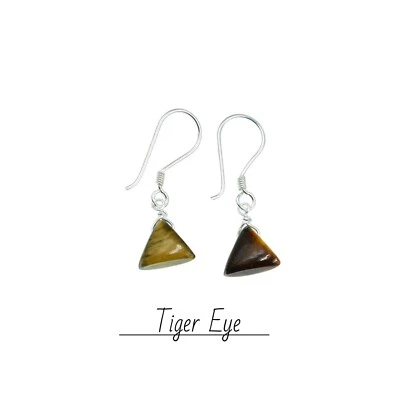Natural Tiger Eye Earrings For Women Handmade Mini Triangle Gemstone Dangles - Image 1 of 4
