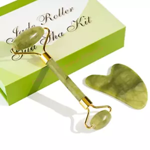 100% Natural Jade Facial Massage Roller & Gua Sha Set Gift Box Beauty Tools - Picture 1 of 12