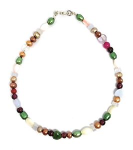 Sterling Silver Mixed Gemstones & Freshwater Pearl Anklet 9.5 inches
