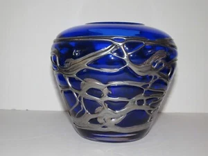 Vintage blaue böhmische Kunst Glas Vase - Bild 1 von 6