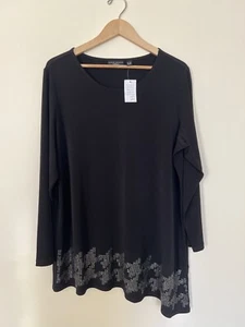 Susan Graver Womens Black Top 1XL Long Sleeve High Low Grandmacore Rhinestone - Picture 1 of 23
