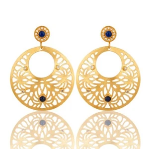 New Fashion Filigree Dangle Earrings Yellow Gold Blue Aventurine With CZ Jewlery - Picture 1 of 5
