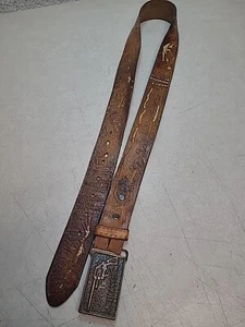 Vtg AL STOHLMAN Leather Belt w/ Bears Ram Eagle Fishing + Smith & Wesson Buckle - Picture 1 of 22