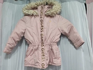 Girls Guess Pink Puffer Jacket with Faux Fur Hood Size S (4) - Picture 1 of 2