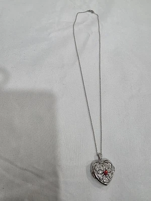 Red Orange Heart CZ DL 925 Locket Heart Pendant 18in Necklace Mom - Image 1 of 4