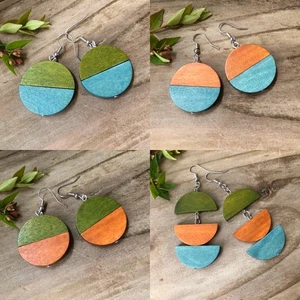Wooden Bead Earrings. Blue, Green, Orange. Semi Circle. Disc Earrings - Picture 1 of 23