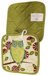 Set of 2 Same Kitchen Printed Pot Holders(7"x7")GREEN OWL & LEAVES,green back,AM - Picture 1 of 11