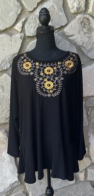 Top túnica DENNIS Dennis Basso 1X negro tejido elástico con cuentas bordado dobladillo acampanado Foto 1 de 4