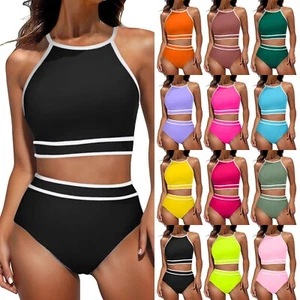 Women's High Waisted Bikini Sets Two Piece Swimsuit Color Block Bathing Suit - Picture 1 of 60
