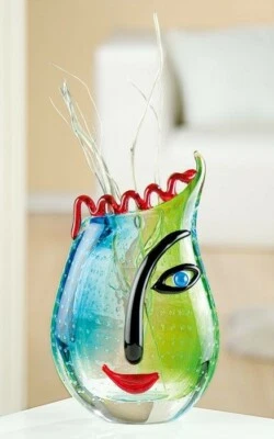 39856 GlasArt Design-Vase "Vero" grün, blau, rot mit Gesicht mundgeblasen - Bild 1 von 2