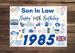 SON IN LAW Feliz 40 Cumpleaños Tarjeta 1983/Año de Nacimiento Datos Divertidos Saludos - Imagen 1 de 9