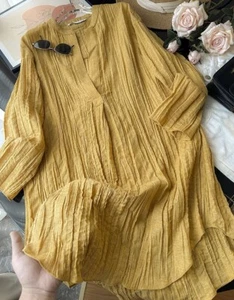 ZARA WOMAN MUSTARD YELLOW LINEN PLEATED TUNIC OVERSIZED CURVED HEM RUSTIC DRESS - Picture 1 of 24
