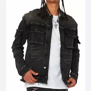 Rockstar Mens Denim Trucker Jacket Black Distressed Fringe Sz 2XL Moto Ombre - Picture 1 of 15