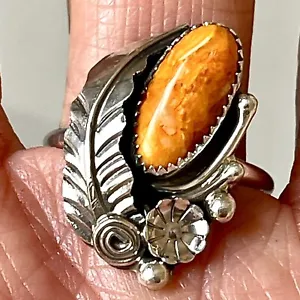 Navajo Orange Spiny Oyster Ring Sz 10 Sterling Signed HM Flower Leaf Turquoise - Picture 1 of 7