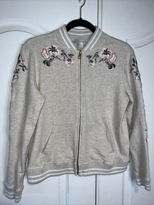 Chaqueta Life Worx By Gloria Vanderbilt Mujer Tejida Cremallera Gris Tostado Bordado Pequeña Foto 1 de 4