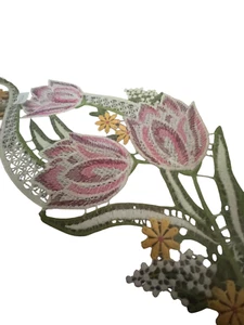 Vintage Plauener Spitze Window Lace German, New Pink Tulips 14 x 6 inch - Picture 1 of 1