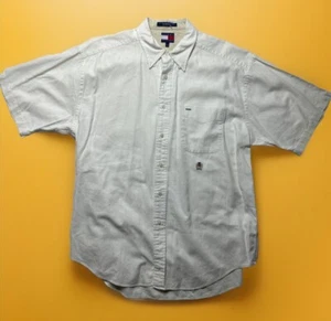 Tommy Hilfiger Men's Linen Short Sleeve Button Large White Cream Logo Shirt - Picture 1 of 16