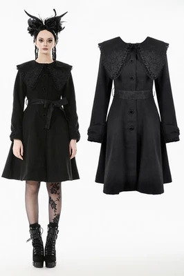 Cappotto lungo caldo ricamato con fiocco nero gotico Dark In Love donna - Immagine 1 di 4