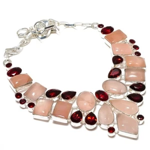Natural Rose Quartz, Garnet Gemstone 925 Sterling Silver Necklace a020 - Picture 1 of 5