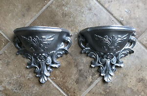 2 Vintage 1978 Syroco HOMCO Faux Plant Flower Holder Wall Sconces Silver 6050
