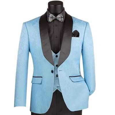 VINCI Men's Light Blue Jacquard 3 Piece Slim Fit Tuxedo Wedding Suit NEW - Image 1 of 4