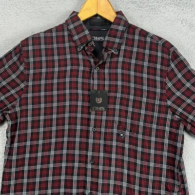 Chaps Men Button Down Shirt Medium Red Black Plaid Long Sleeve Pocket Casual NEW - Image 1 of 4