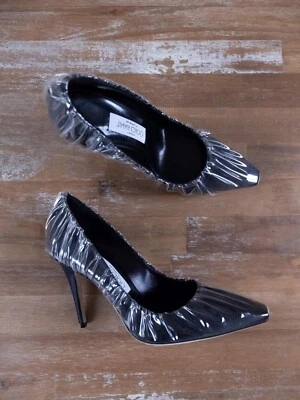 JIMMY CHOO x BLANCO ROTO Anne Negro PVC Cubierto Satinado Seda Bombas 7 37 Auténticas Foto 1 de 4