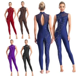 Women Bodysuit One Piece Jumpsuit Sleeveless Unitards Dancewear Leotard Mesh - Picture 1 of 51