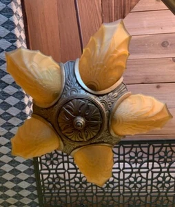 Lámpara de techo antigua Art Deco de vidrio ámbar con pantalla deslizante de 5 luces - Imagen 1 de 12