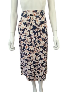 Laura Ashley 100% Linen Floral Midi Skirt Navy White Orange UK 12 Button Detail - Picture 1 of 8