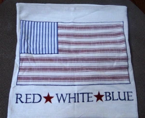 EUC RED, WHITE & BLUE FLAG FABRIC TOSS / THROW PILLOW COVER w/BUTTONS 20" X 20" - Picture 1 of 7