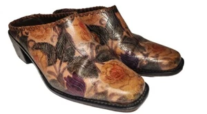 Vintage CEM braun Blumenmuster Leder Slipper Pantoletten Clogs Größe 6 - Bild 1 von 7