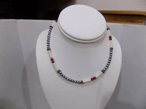 925 Sterling Silver Grey White Pearl Coral Necklace W Sterling Accent Beads  - Picture 1 of 7