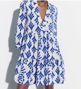 NWT ZARA Size M Blue Mini Carrie Babydoll Dress Casual Style V-Neck 3/4 Sleeves - Picture 1 of 18