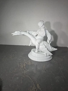 Herend "Boy Riding A Goose" Large 10" Vintage White Glossy Statue RARE - Picture 1 of 14