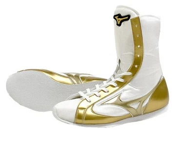 [Hecho por encargo] Zapatos de Boxeo Largos MIZUNO Blanco/Dorado Hecho en Japón con Bolso de Zapatos Foto 1 de 4